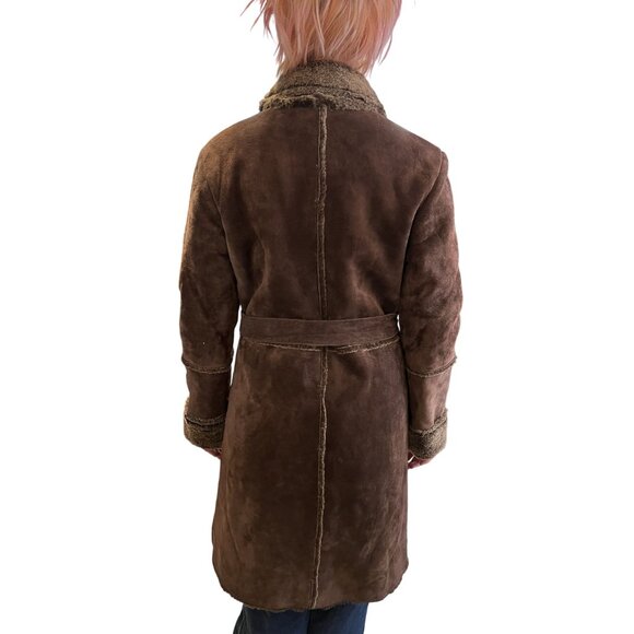 Y2K Brown Suede Penny Lane Coat Faux Sherpa Lining Fur Collar & Cuffs - Picture 3 of 12